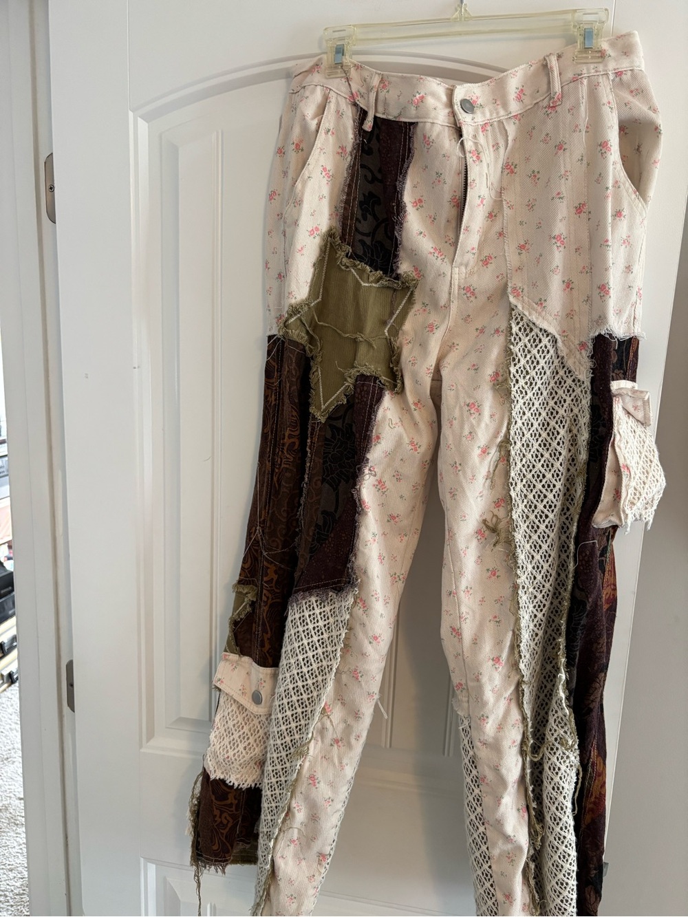 POL Patchwork Floral Chinos in Cream with Brown & Olive Panels